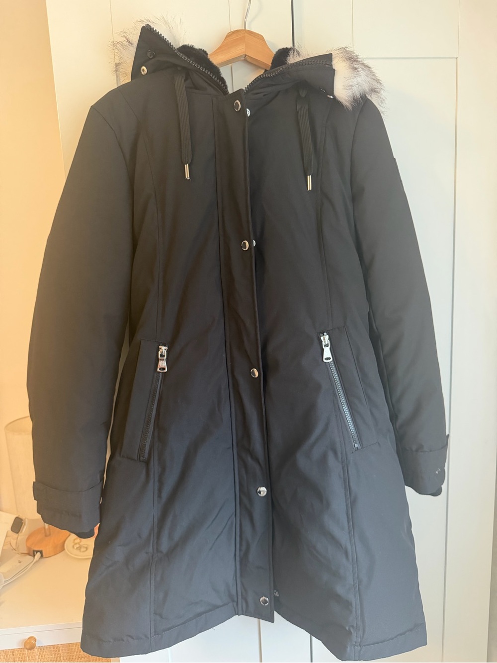 Vince Camuto Black Hooded Puffer Coat with Faux Fur Trim